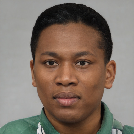 Neutral black young-adult male with short  black hair and brown eyes