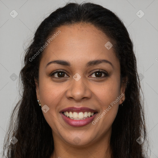 Joyful latino young-adult female with long  brown hair and brown eyes