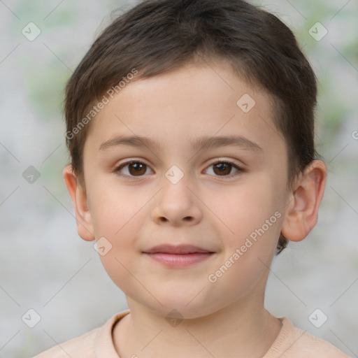 Joyful white child female with short  brown hair and brown eyes