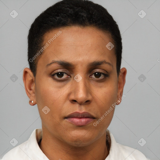 Neutral black young-adult female with short  brown hair and brown eyes