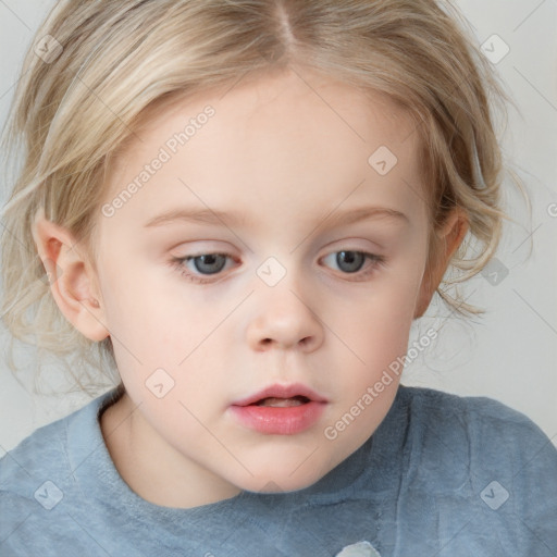 Neutral white child female with medium  brown hair and blue eyes