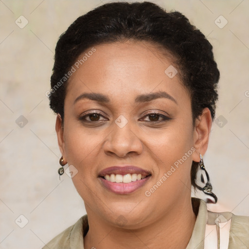 Joyful latino young-adult female with short  brown hair and brown eyes