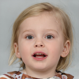 Joyful white child female with medium  brown hair and blue eyes