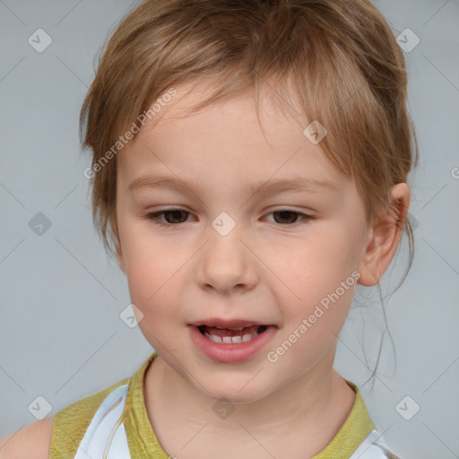 Joyful white child female with medium  brown hair and brown eyes