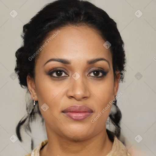 Joyful latino young-adult female with short  brown hair and brown eyes