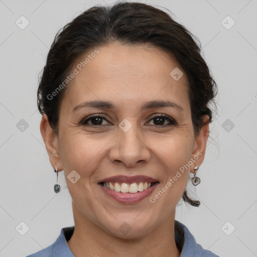 Joyful white adult female with medium  brown hair and brown eyes