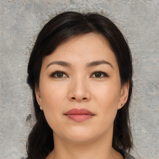 Neutral asian young-adult female with long  black hair and brown eyes