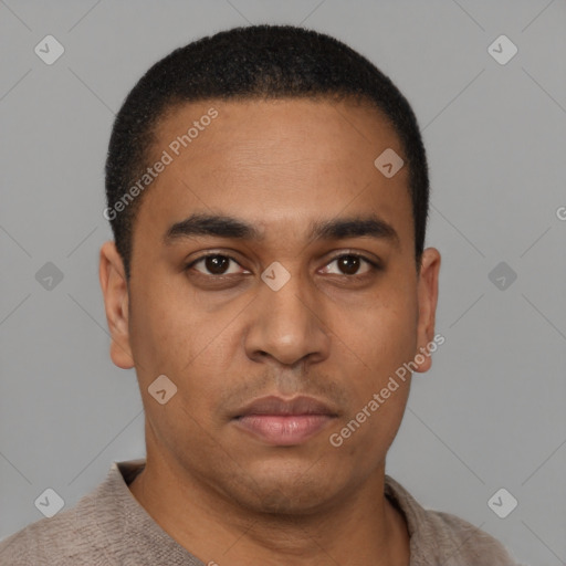 Neutral latino young-adult male with short  black hair and brown eyes