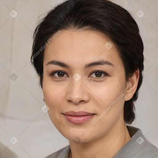 Joyful white young-adult female with medium  brown hair and brown eyes