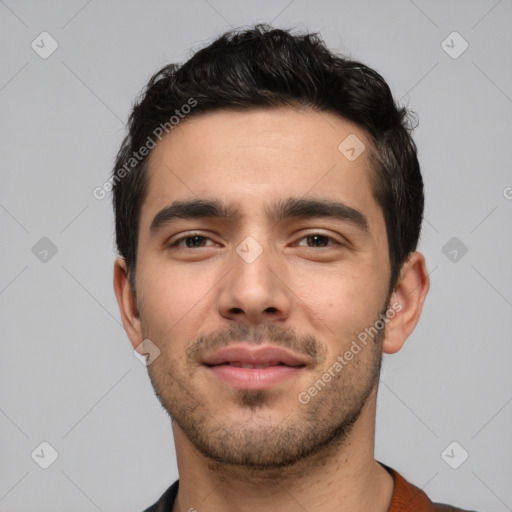 Neutral white young-adult male with short  black hair and brown eyes