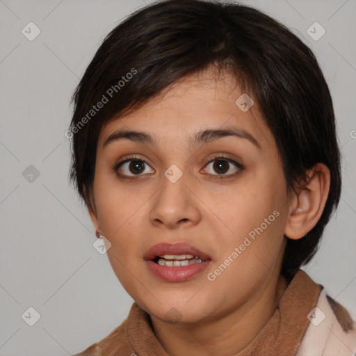 Joyful white young-adult female with medium  brown hair and brown eyes