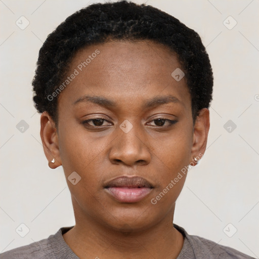 Neutral black young-adult female with short  black hair and brown eyes