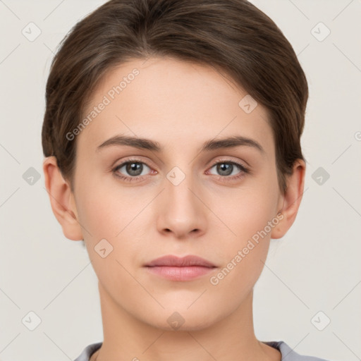 Neutral white young-adult female with short  brown hair and brown eyes