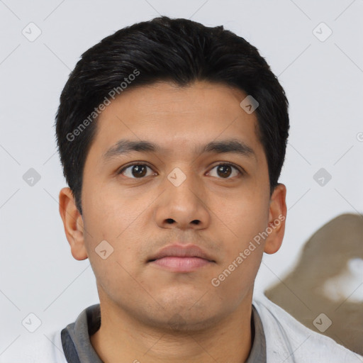 Neutral asian young-adult male with short  black hair and brown eyes