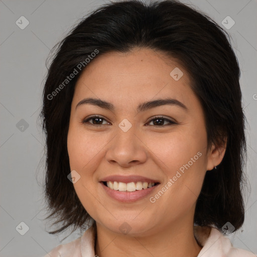 Joyful white young-adult female with medium  brown hair and brown eyes