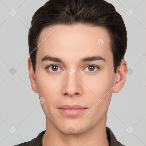 Neutral white young-adult male with short  brown hair and brown eyes