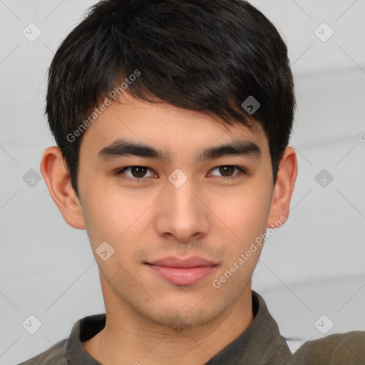 Neutral asian young-adult male with short  brown hair and brown eyes