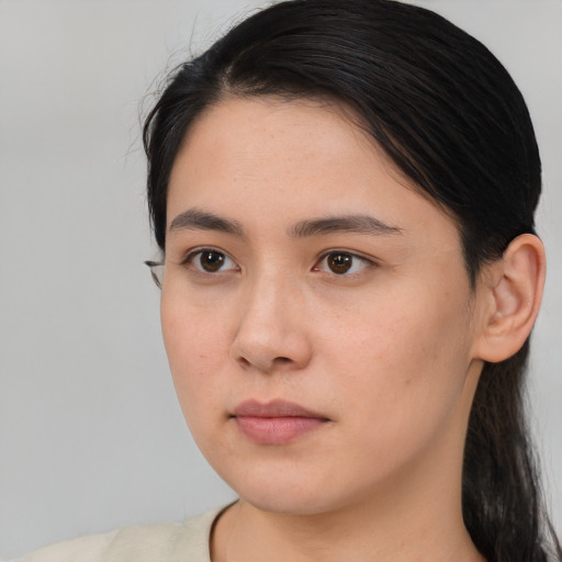 Neutral asian young-adult female with long  brown hair and brown eyes