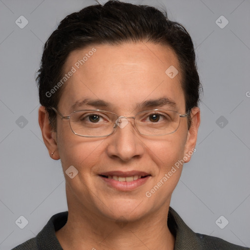 Joyful white adult female with short  brown hair and grey eyes