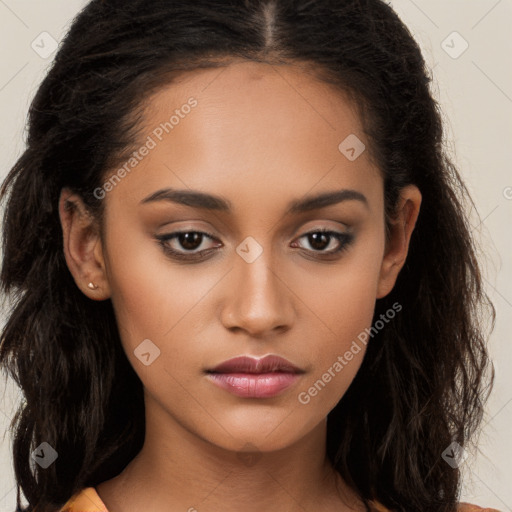 Neutral latino young-adult female with long  brown hair and brown eyes