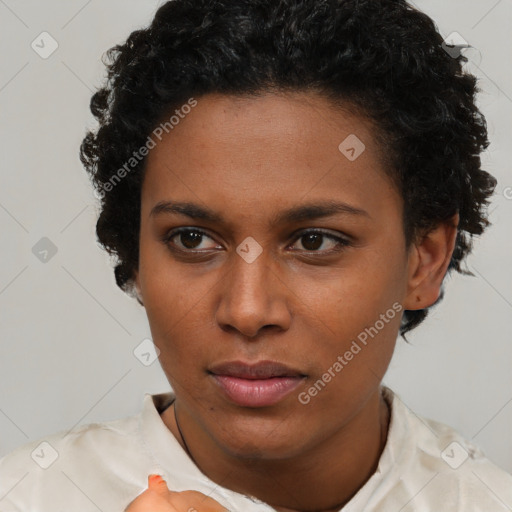 Neutral latino young-adult female with short  brown hair and brown eyes