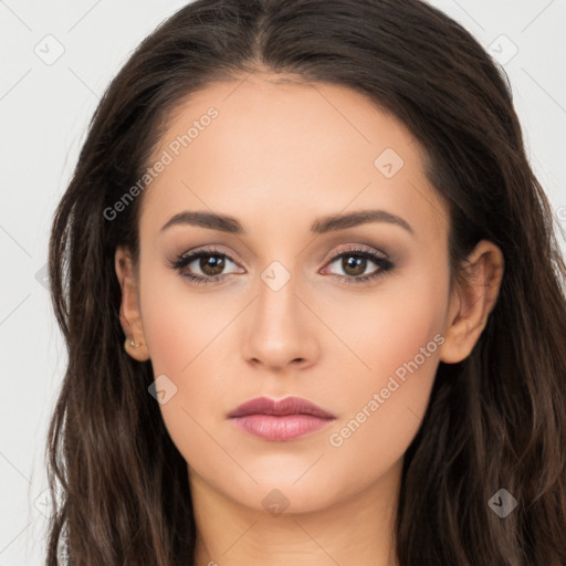 Neutral white young-adult female with long  brown hair and brown eyes