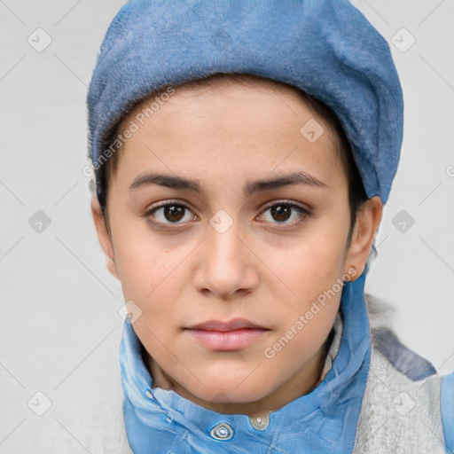 Neutral white young-adult female with short  brown hair and brown eyes