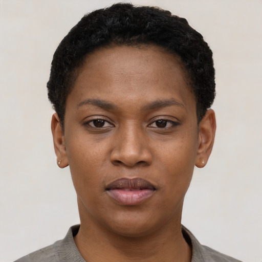 Neutral black young-adult female with short  black hair and brown eyes