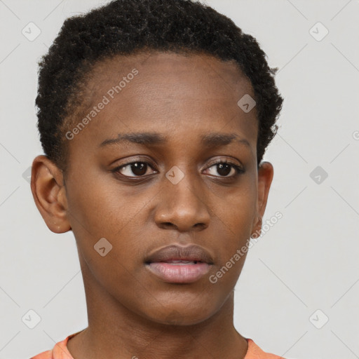 Neutral black young-adult female with short  brown hair and brown eyes