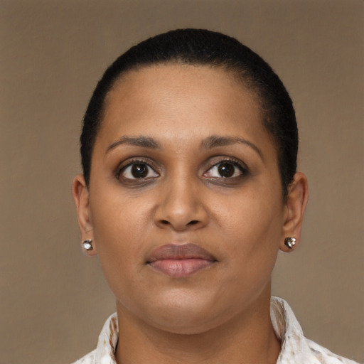 Neutral black young-adult female with short  brown hair and brown eyes