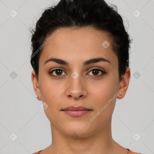 Neutral white young-adult female with short  brown hair and brown eyes