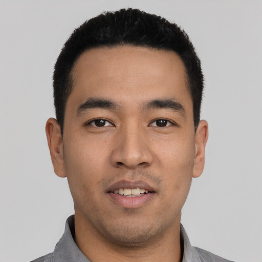Neutral asian young-adult male with short  black hair and brown eyes