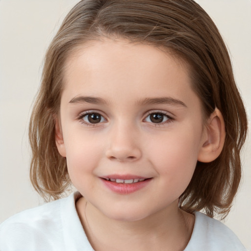 Joyful white child female with medium  brown hair and brown eyes