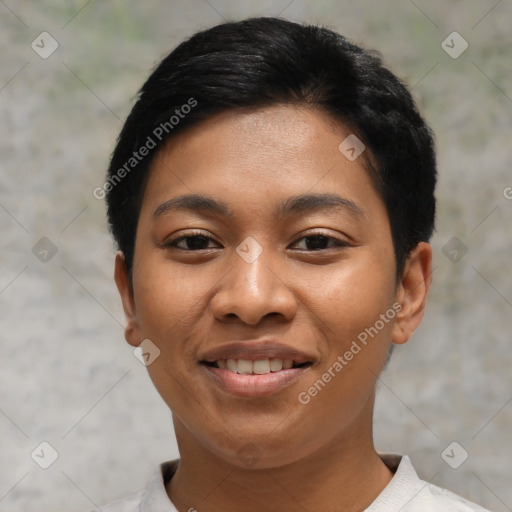 Joyful asian young-adult female with short  black hair and brown eyes