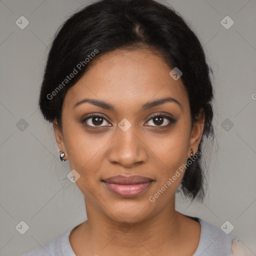 Joyful black young-adult female with medium  black hair and brown eyes