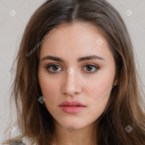 Neutral white young-adult female with long  brown hair and brown eyes