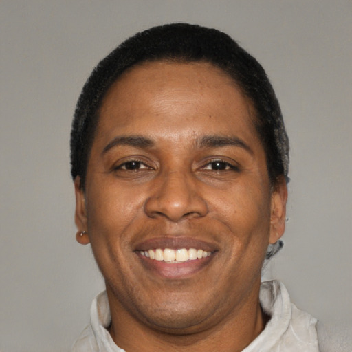 Joyful black adult male with short  black hair and brown eyes