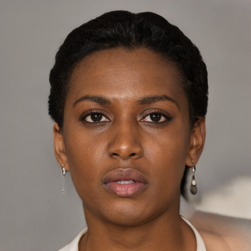 Neutral black young-adult female with short  black hair and brown eyes
