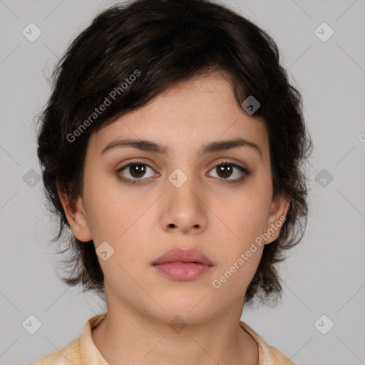 Neutral white young-adult female with medium  brown hair and brown eyes