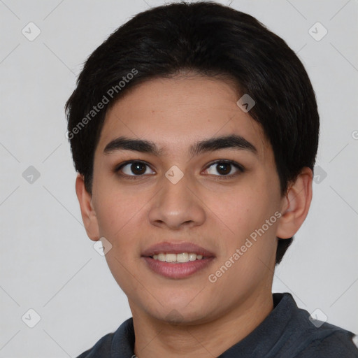 Joyful white young-adult male with short  black hair and brown eyes