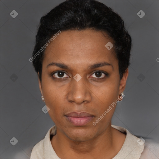 Neutral black young-adult female with short  black hair and brown eyes