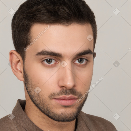 Neutral white young-adult male with short  brown hair and brown eyes