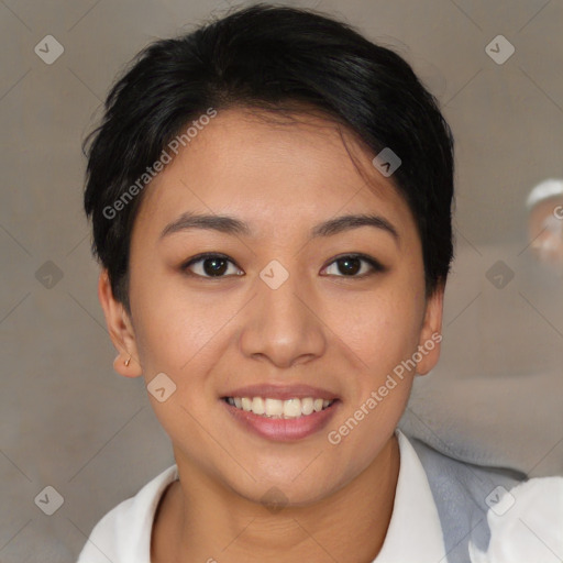 Joyful asian young-adult female with short  brown hair and brown eyes