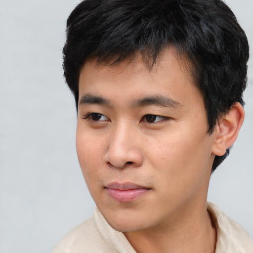 Neutral asian young-adult male with short  black hair and brown eyes
