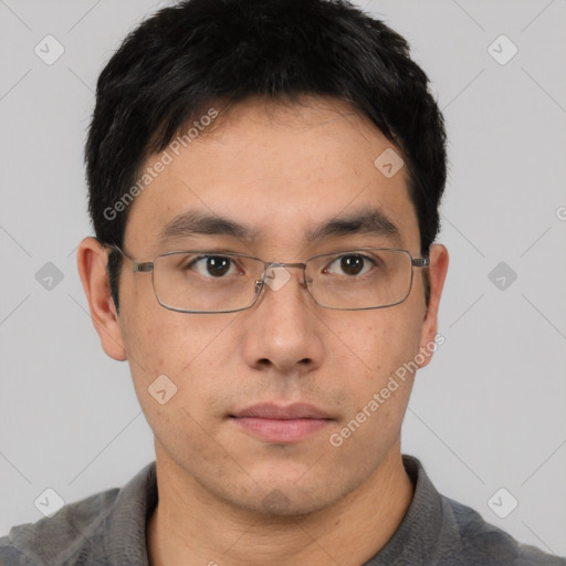 Neutral asian young-adult male with short  brown hair and brown eyes