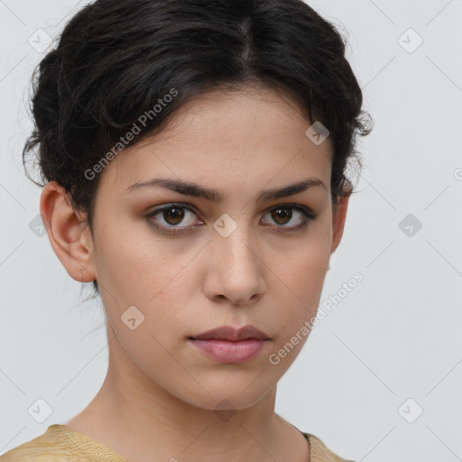 Neutral white young-adult female with short  brown hair and brown eyes