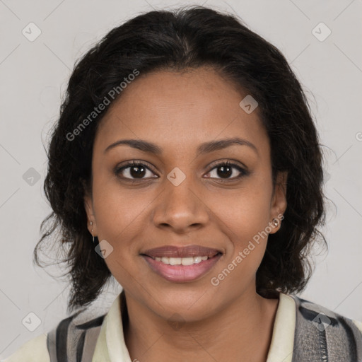 Joyful black young-adult female with medium  brown hair and brown eyes