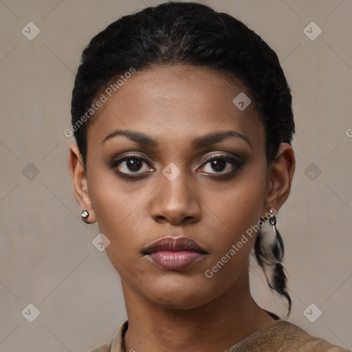 Neutral black young-adult female with short  black hair and brown eyes