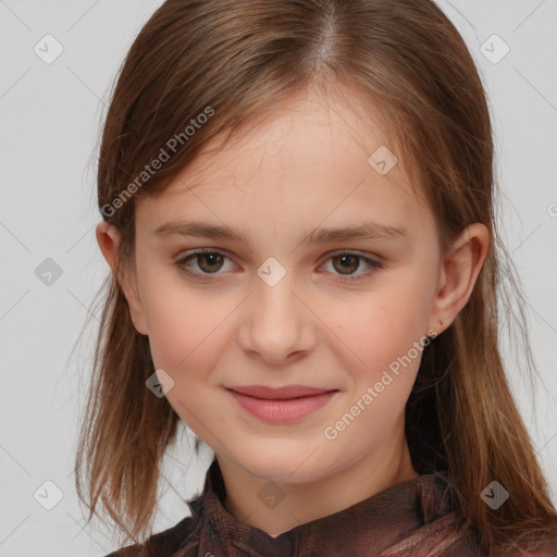 Joyful white child female with medium  brown hair and brown eyes