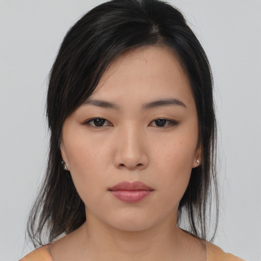 Neutral asian young-adult female with medium  black hair and brown eyes